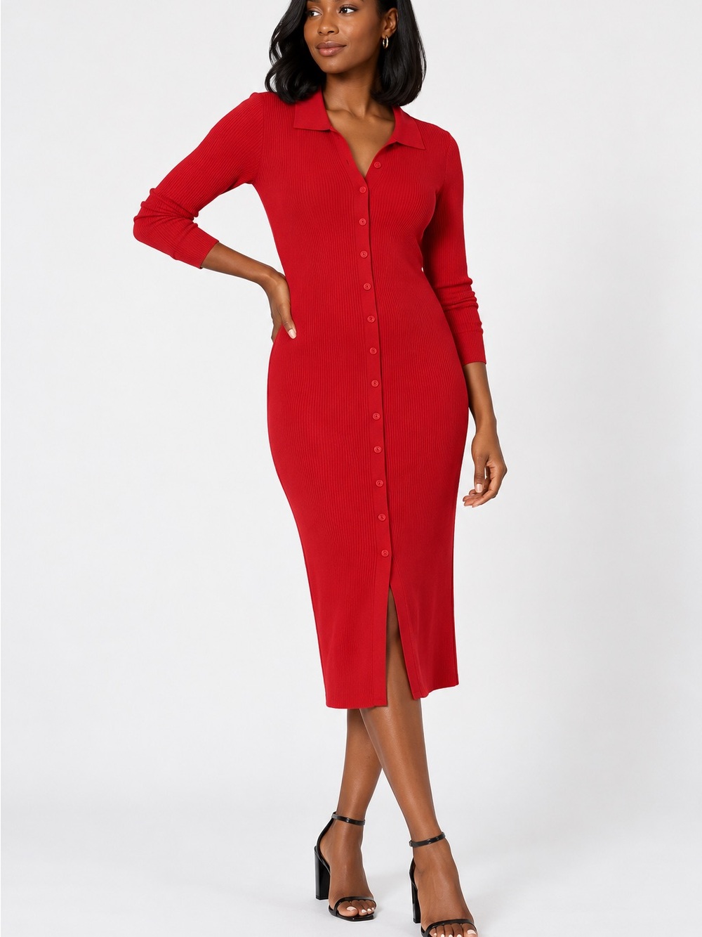 The Drop Jaxon Red Ribbed Button-Front Sweater Dress M NWT